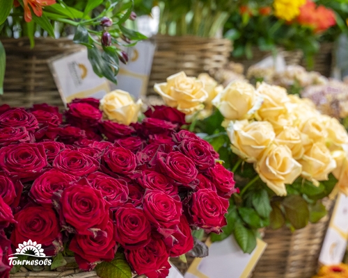 Bouquets de roses rouges et jaunes en fleuristerie, compositions de Saint Valentin durables.